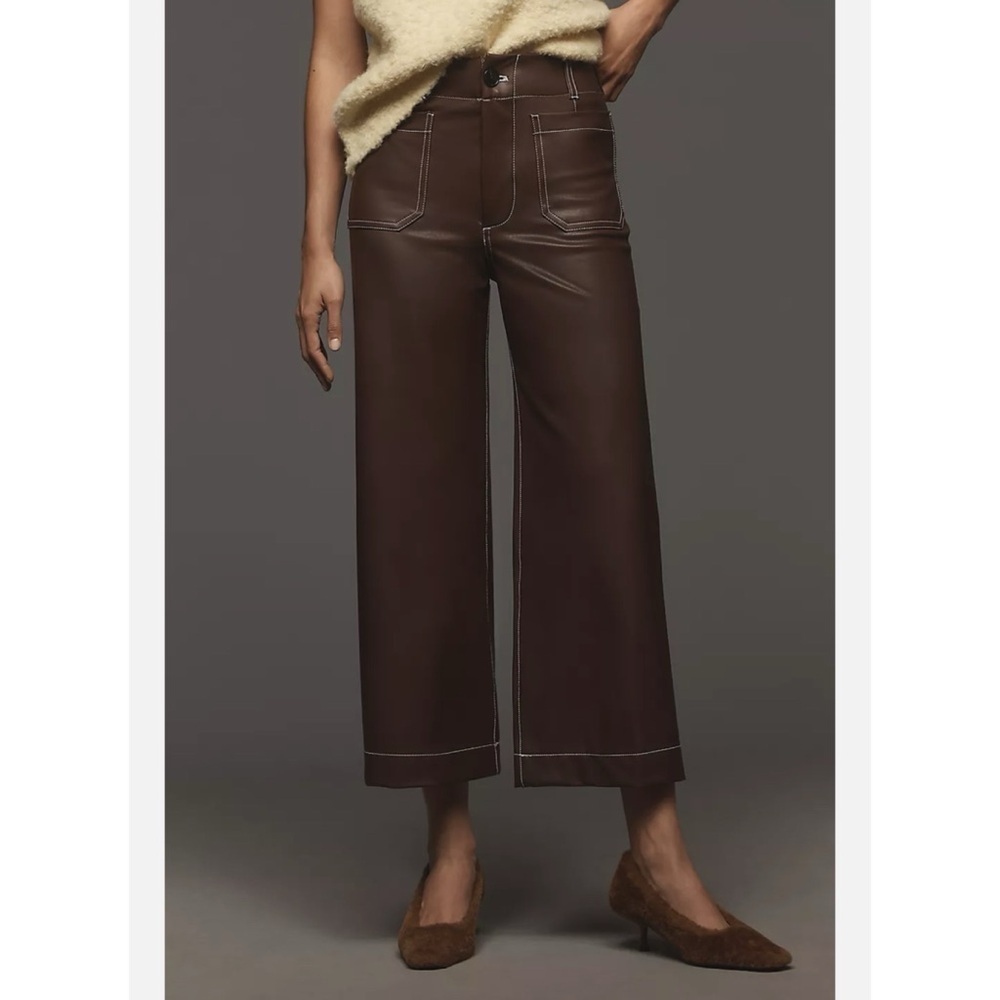 Anthropologie The Colette Faux Leather Wide- Leg Pants Brown Stitch 29